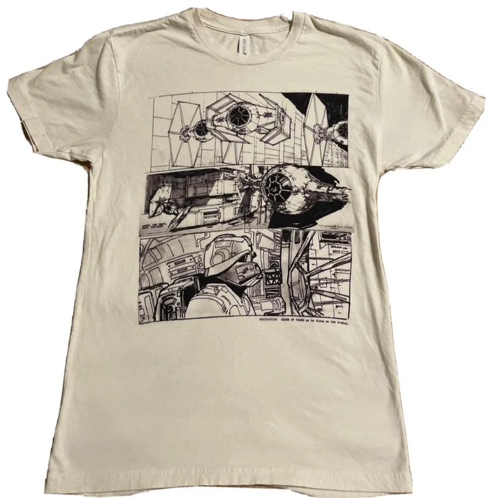 STAR WARS BATTLE OF YAVIN STORYBOARD T-Shirt Small S Cream - Vader X-Wing Soft.